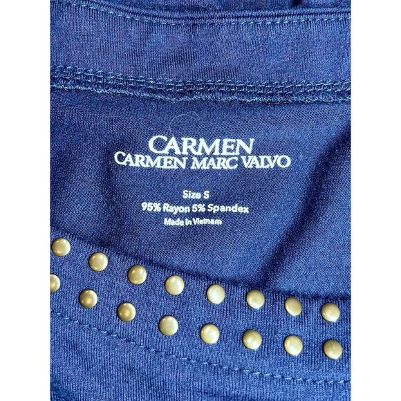 Carmen Marc Valvo Blue Studded Top Size S Ruched Stretch Short Sleeve Night Out - Picture 5 of 6